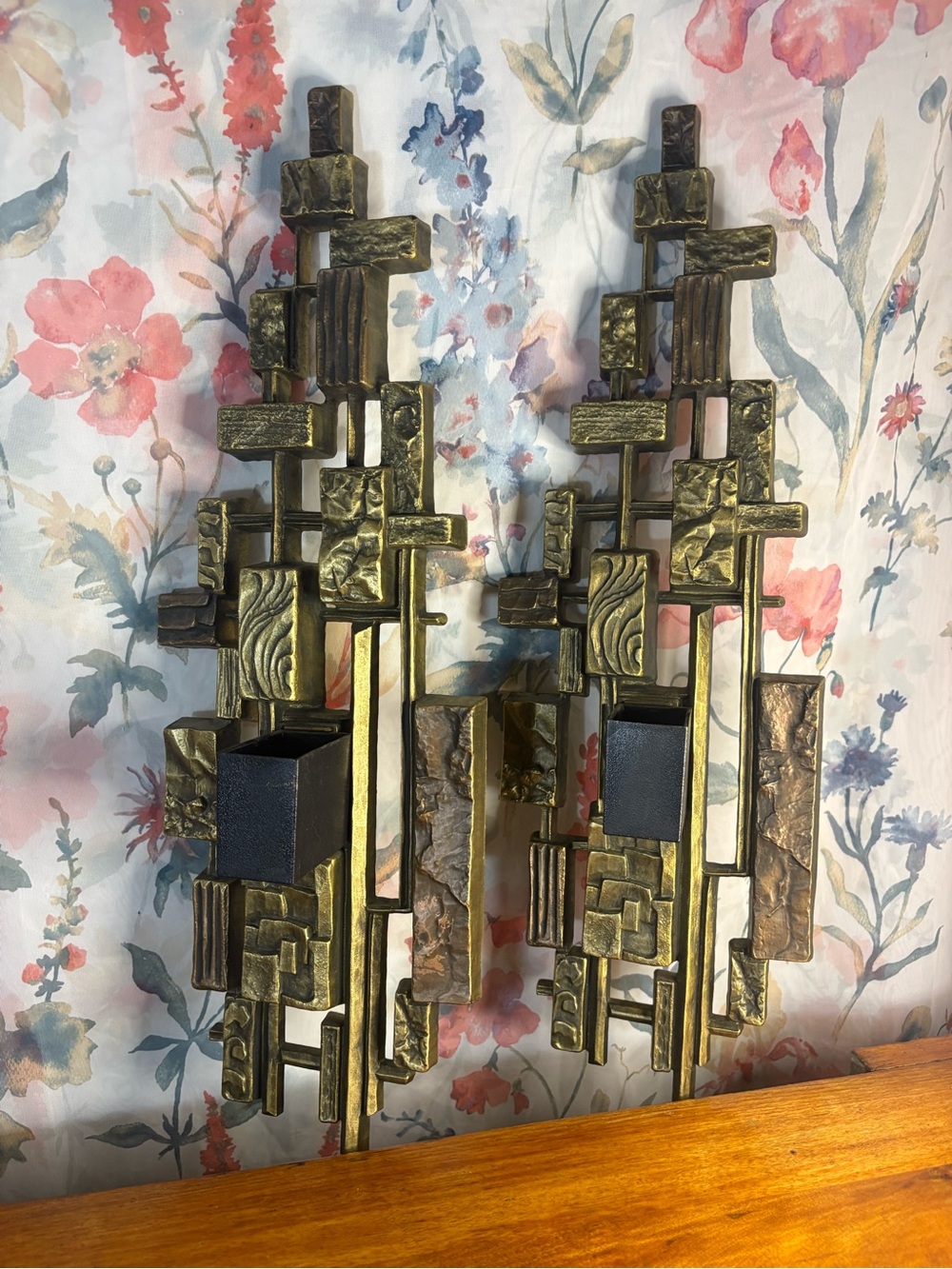 Vintage Brass-Tone Geometric Wall Sconces - Pair